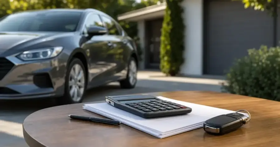 Calculator, pen, papers, and car keys on a table in front of a parked sedan and house garage.