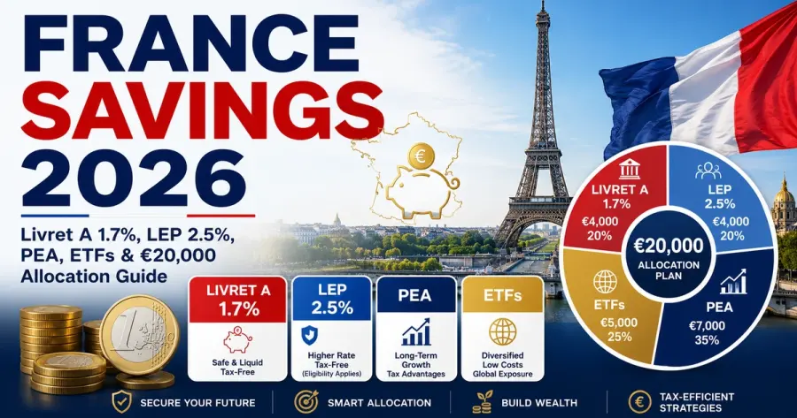 الادخار في فرنسا 2026: Livret A 1.7% وLEP 2.5% وPEA وETF وخطة €20,000