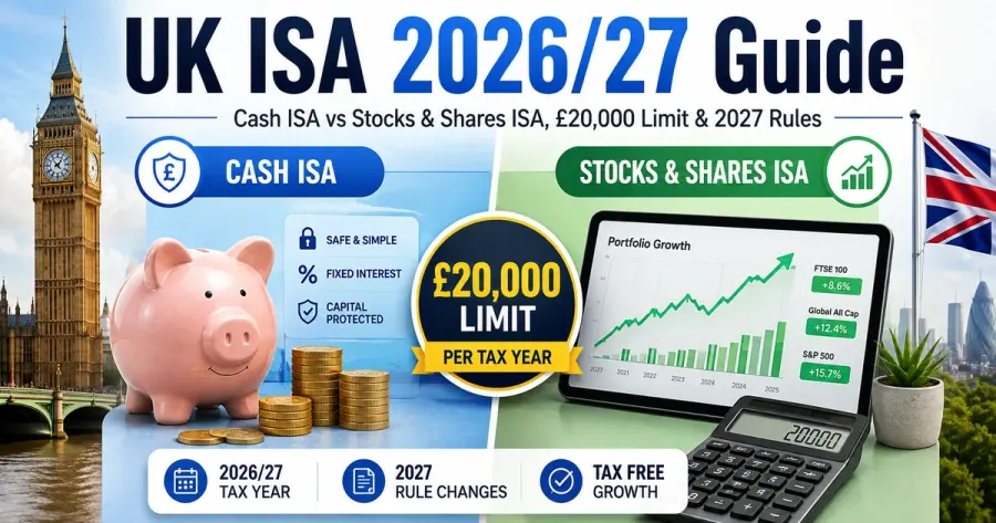 ISA بريطانيا 2026/27: ‏Cash ISA مقابل Stocks & Shares ISA وحد £20,000 وقواعد 2027