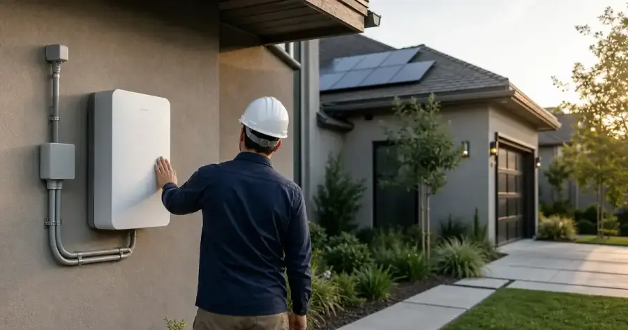 Worker in a white hard hat examines a wall-mounted home battery beside a house, with solar panels visible on the roof.