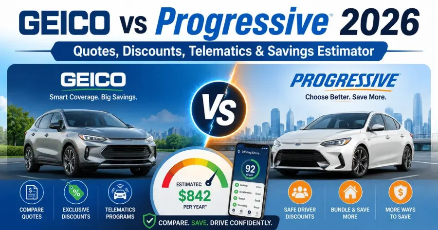 GEICO vs Progressive 2026: مقارنة العروض والخصومات وTelematics بالحاسبة