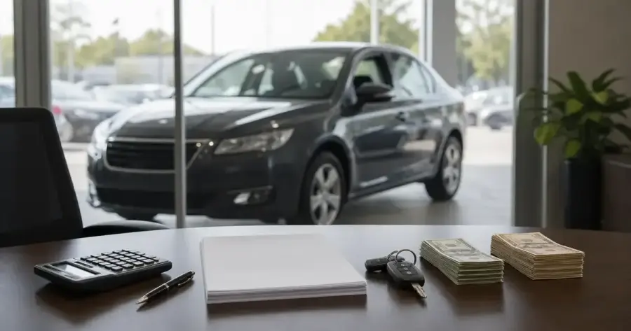 Dark sedan parked inside a car dealership, viewed from behind a desk with a calculator, pen, papers, keys, and two stacks of cash.