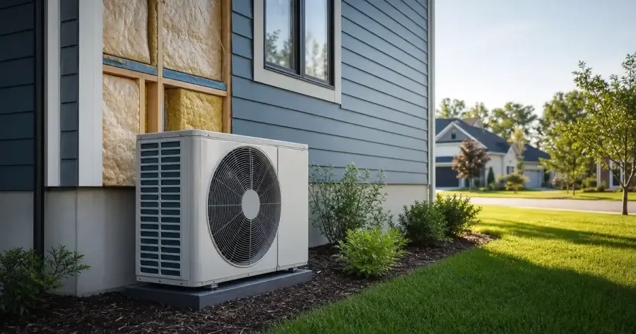 Outdoor heat pump installed beside exposed wall insulation on a house