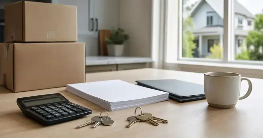 Moving boxes, a calculator, paperwork, house keys, a closed laptop, and a coffee mug on a desk, with a house visible through the window.