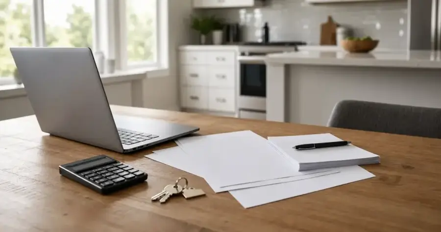 Laptop, calculator, house keys, pen, and blank papers on a wooden table in a bright kitchen.